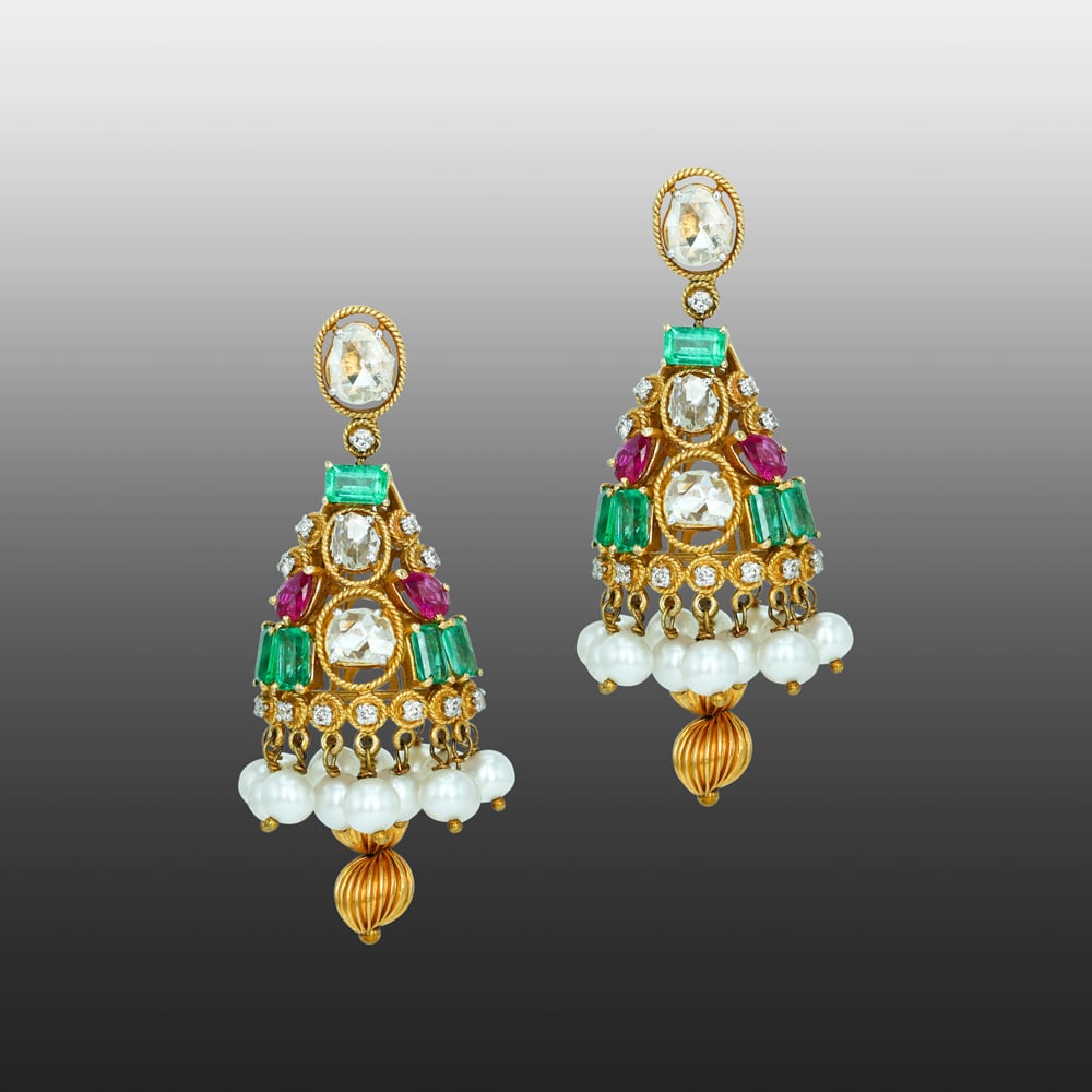 Tiered Polki Jhumkas with Emerald Colour Stone, Ruby, and Pearls